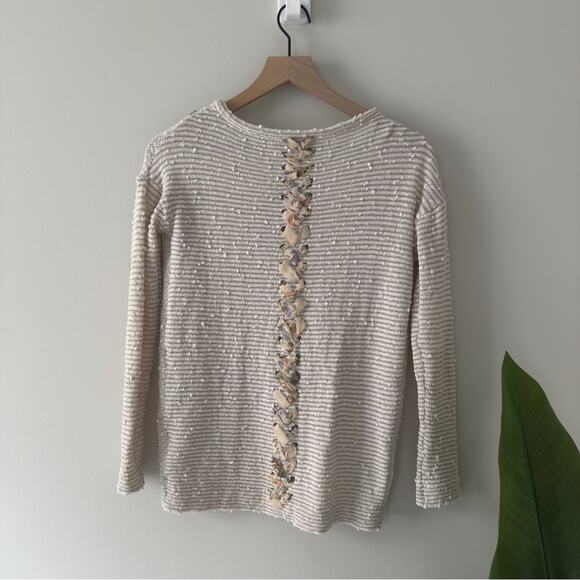 Anthropologie Akemi + Kin Cream Gray White Ribbon Embellished Knit Sweater Top - Picture 2 of 14